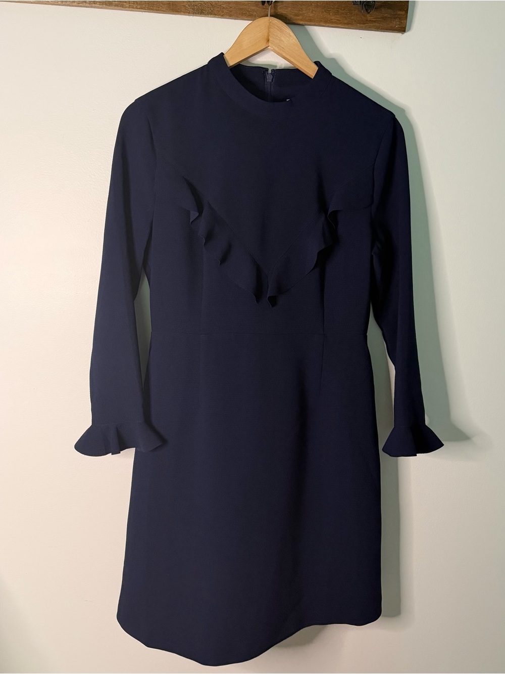 Whistles Navy Ruffle Front Long Sleeve Feminine Mock Zip Shift Dress US 8‎ UK 12